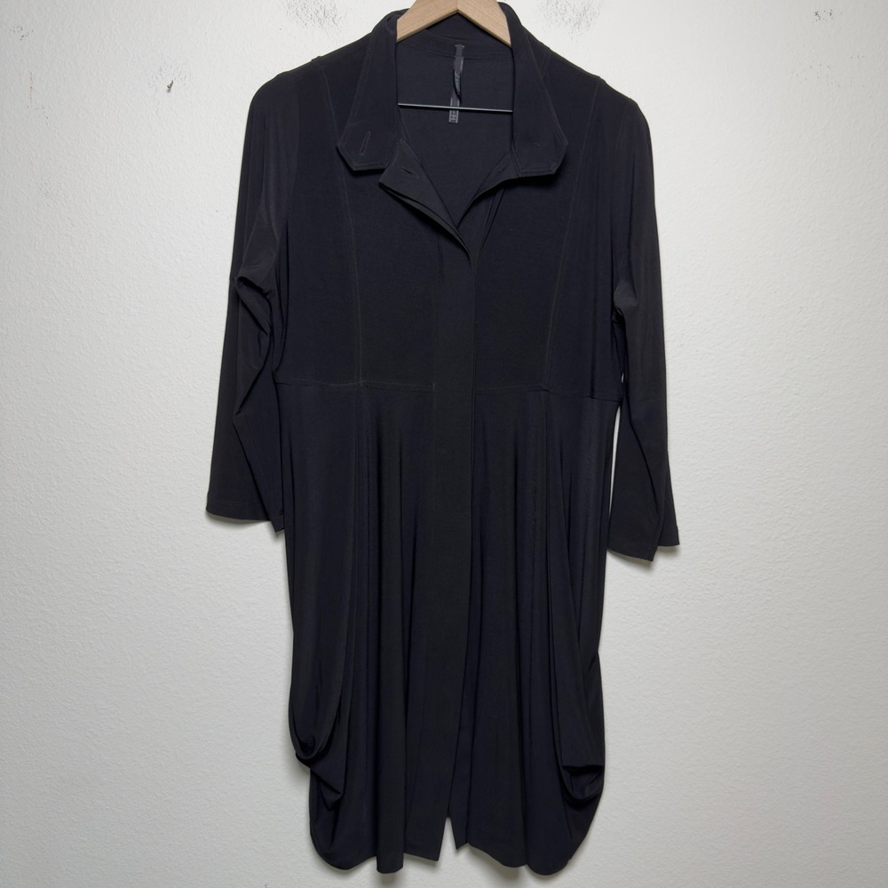 I.C. by Connie K Women Tunic Dress Large Black Lagenlook Drape Pocket Minimalist